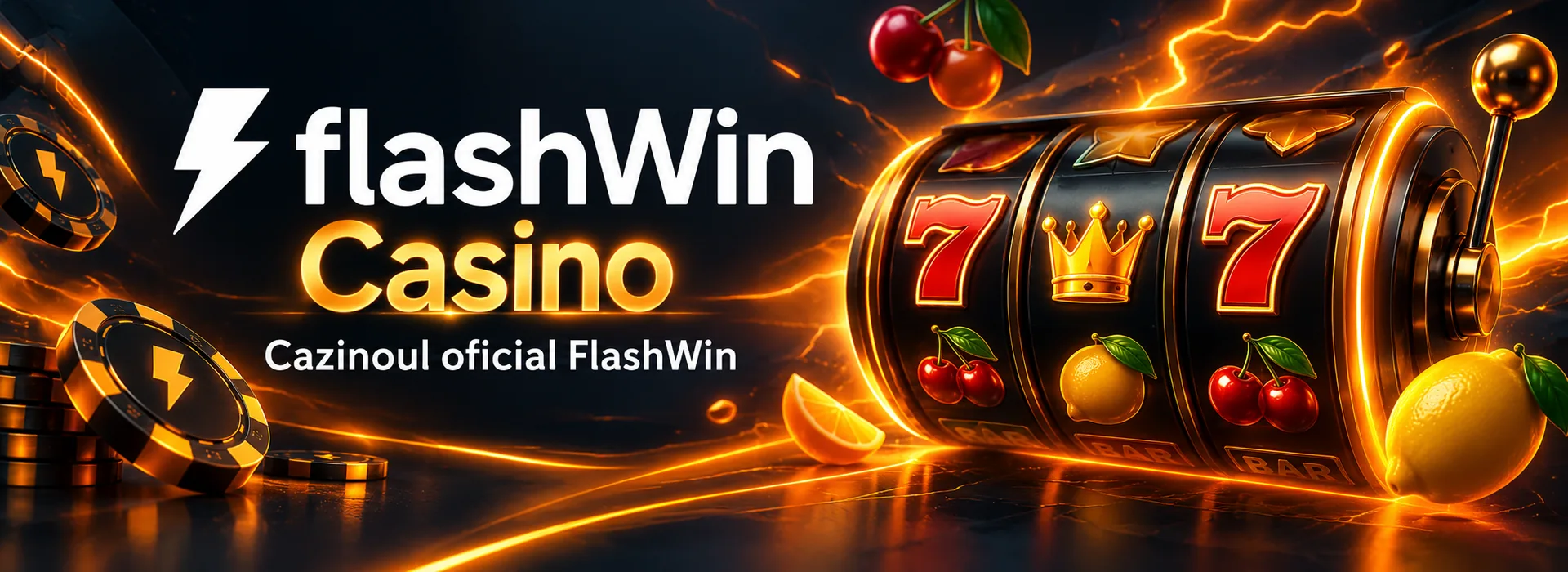 FlashWin Casino, role de păcănele clasice cu șeptari și coroane într-o explozie de lumină portocalie